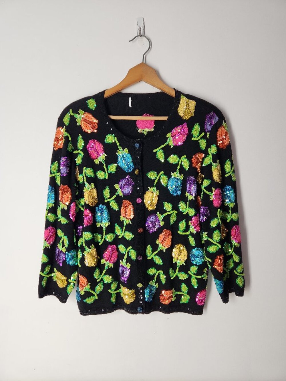 Just B Hand Beaded Sequin embroidered floral roses vintage Cardigan L